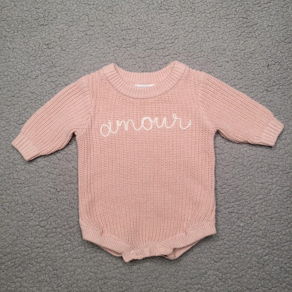 Grayson Mini One Piece 0-3M Girls Baby‎ Pink Knit Amour Embroidered Crewneck